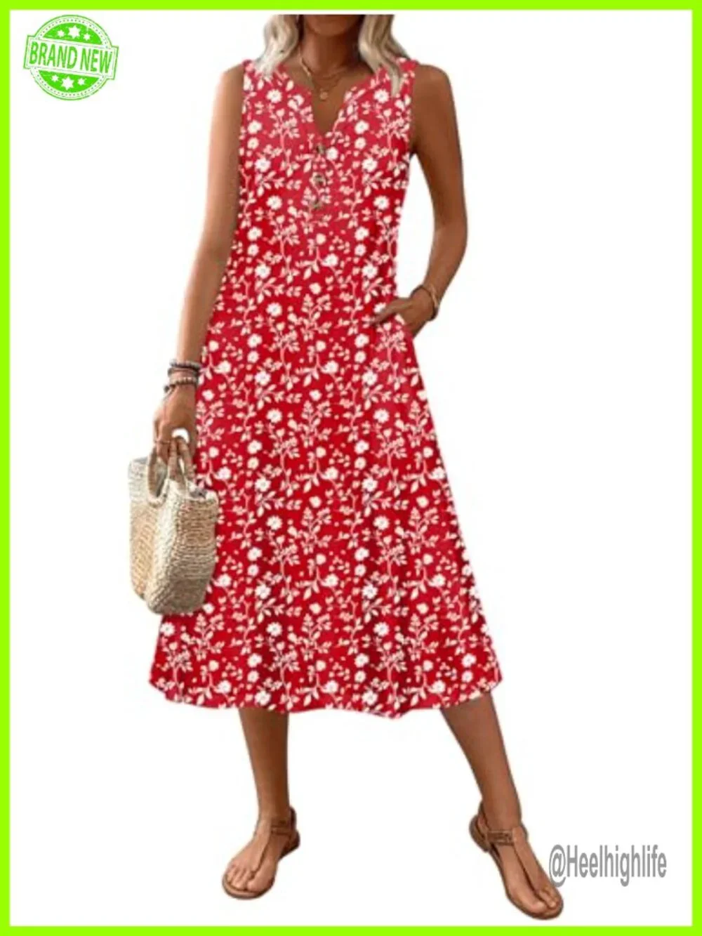 Sleeveless V-Neck A-Line Midi Dress with Pockets Boho Casual Summer